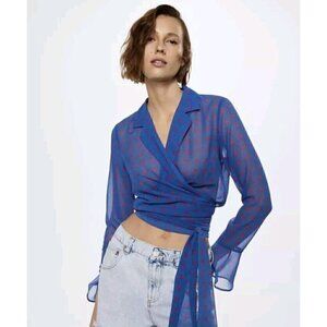 Mango Wrap Top Blouse Blue Sheer